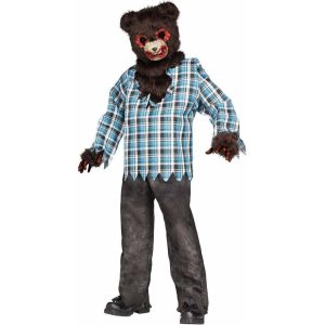 Scary teddy bear costume with sharp teeth and bloodstains, perfect for Halloween