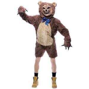 Close-up of scary teddy bear costume with realistic fur and creepy glowing eyes