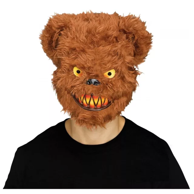 Close-up of a scary teddy bear mask with terrifying facial features, perfect for creating a horror look