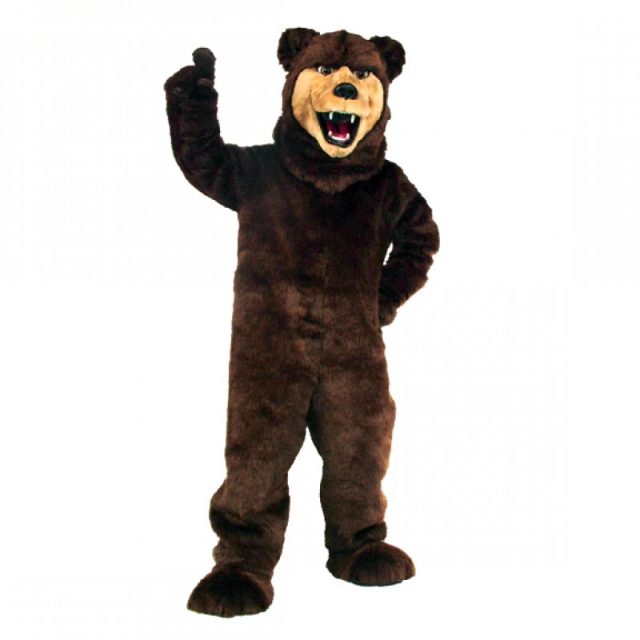 Scary teddy bear costume with sharp teeth and bloodstains, perfect for Halloween