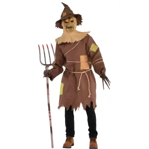 Scary scarecrow Halloween costume with tattered clothes and a creepy burlap mask