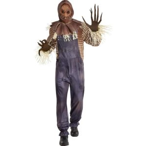 Close-up of a scary scarecrow costume with detailed stitching and straw accents