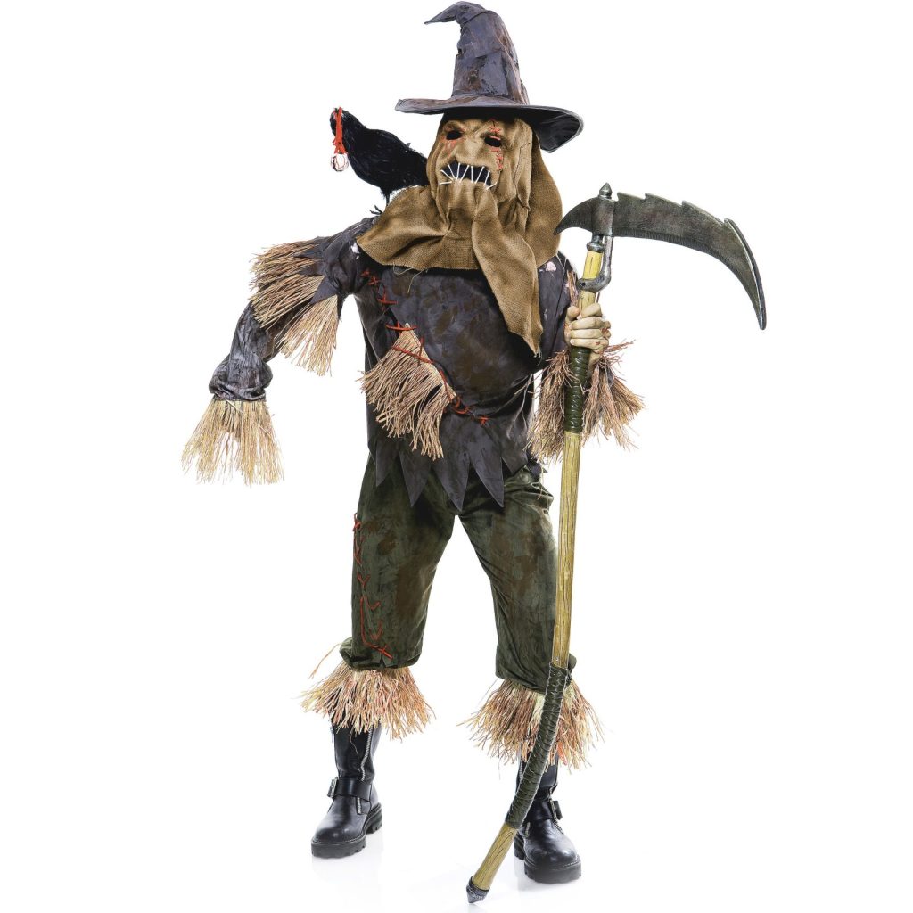 Child in a scary scarecrow costume holding a fake scythe, ready for Halloween trick-or-treating