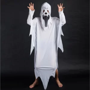 Scary ghost costume with tattered white fabric and eerie facial makeup