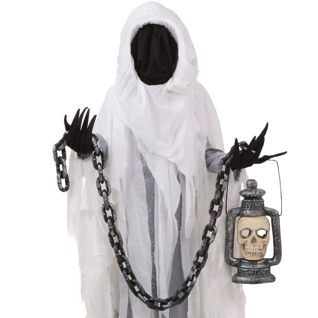 Scary ghost costume with fake chains and a lantern, adding to the eerie effect