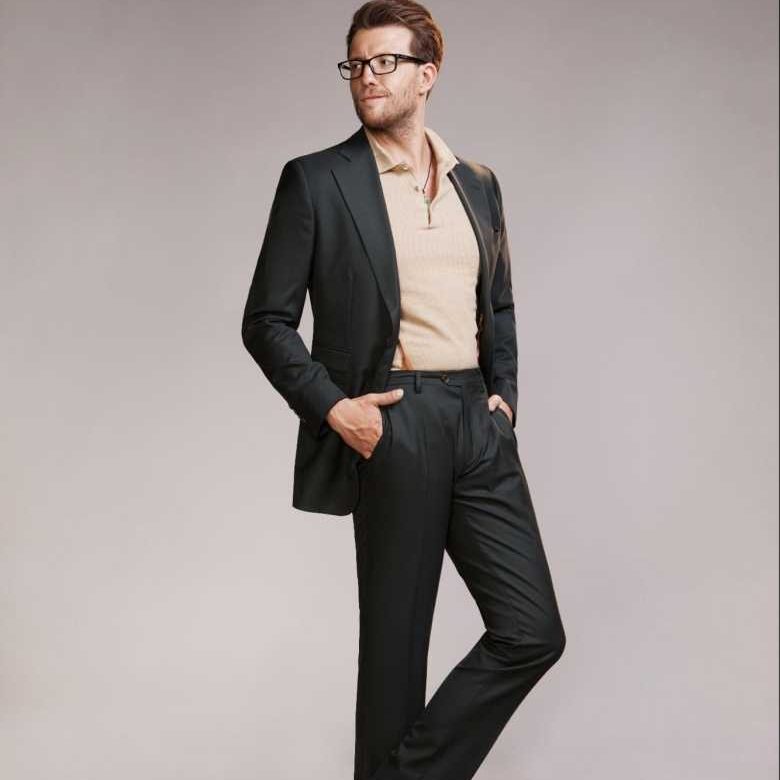 Semi-Formal-Outfit-with-Dark-Suit-and-Beige-Shirt
