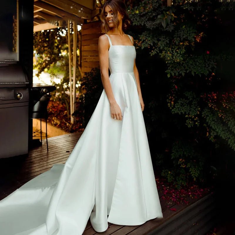 bride-stainging-outside-wearing-Classic-A-Line-Pleat-Vintage-Wedding-Dress