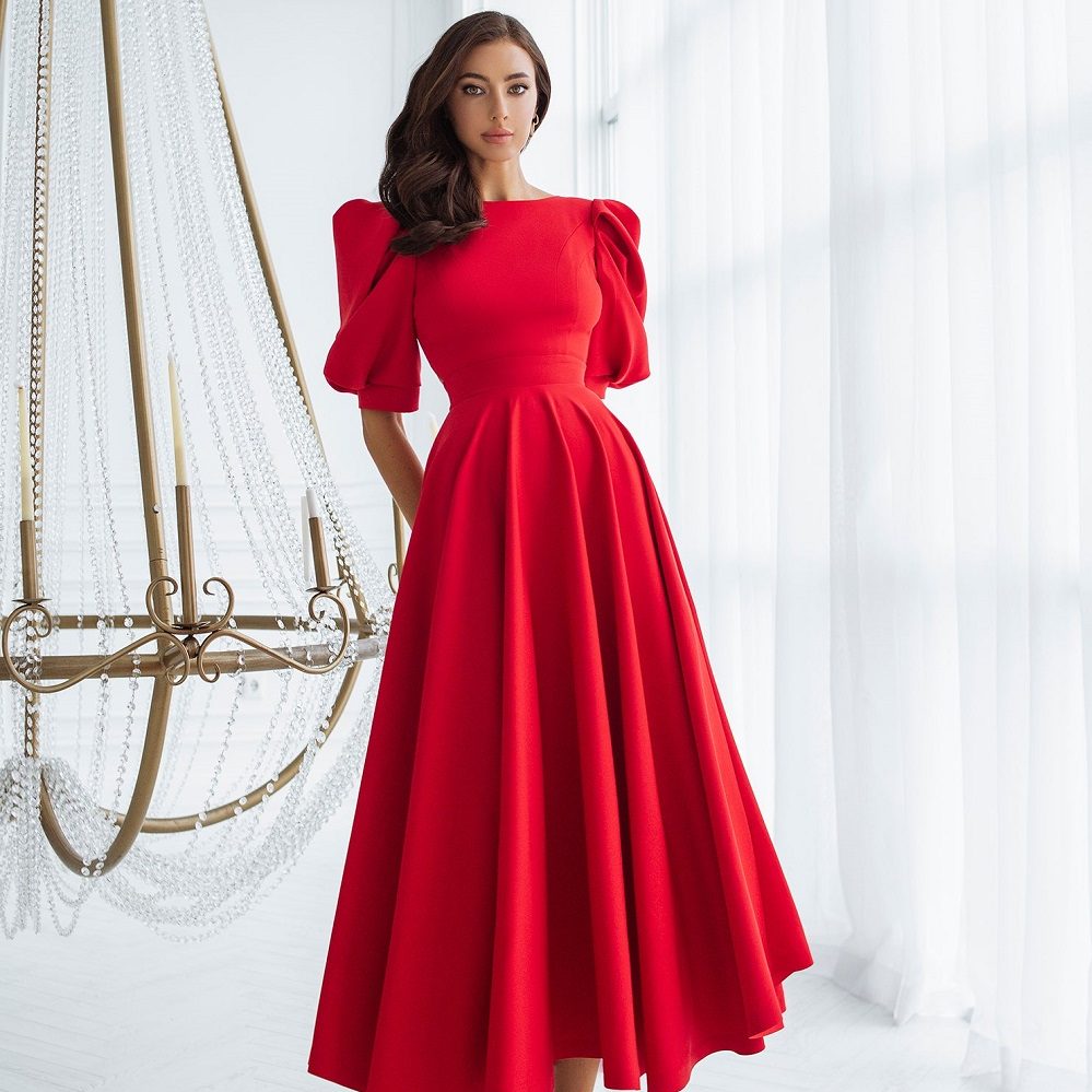 formal midi dress with sleeves