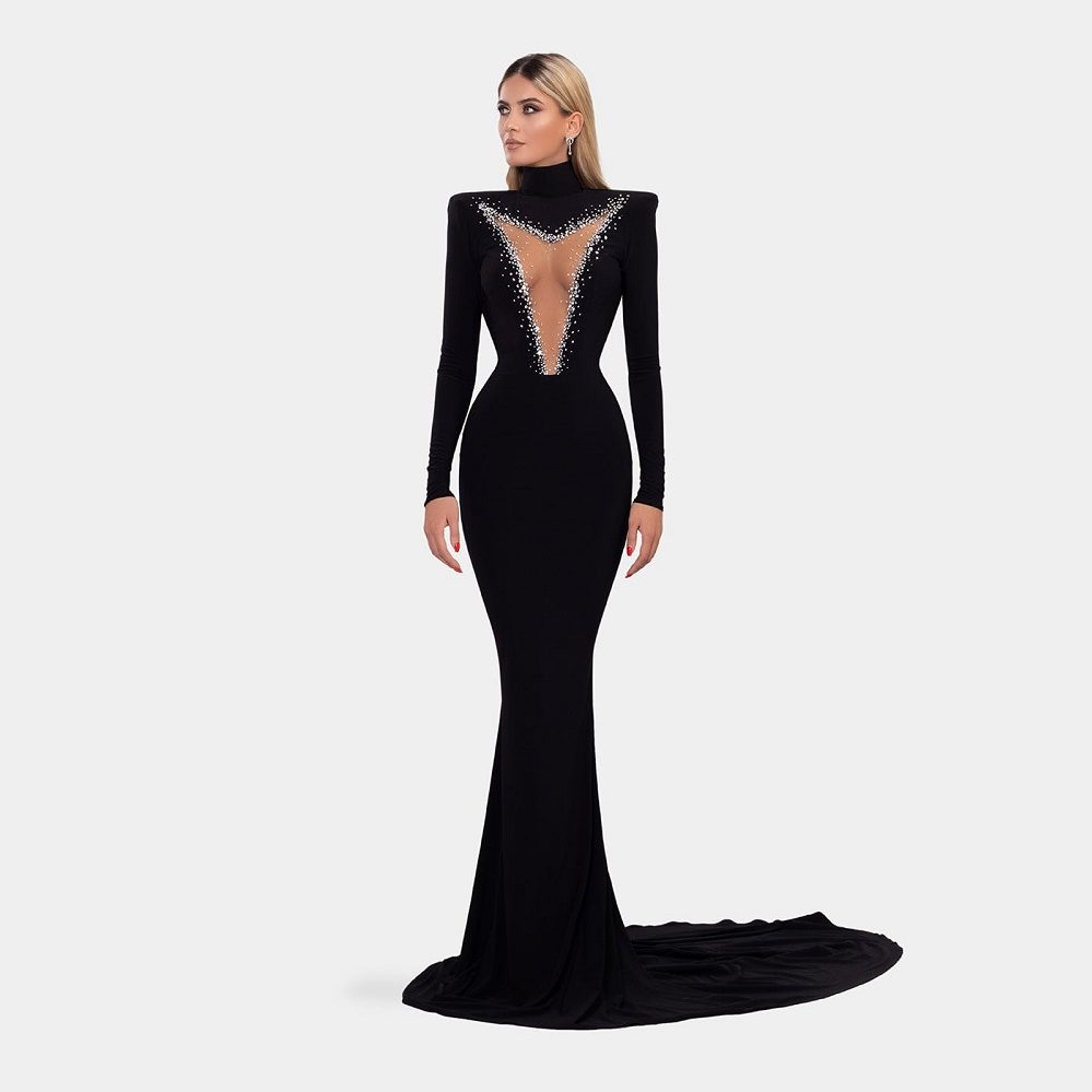 black formal dress with sleeves