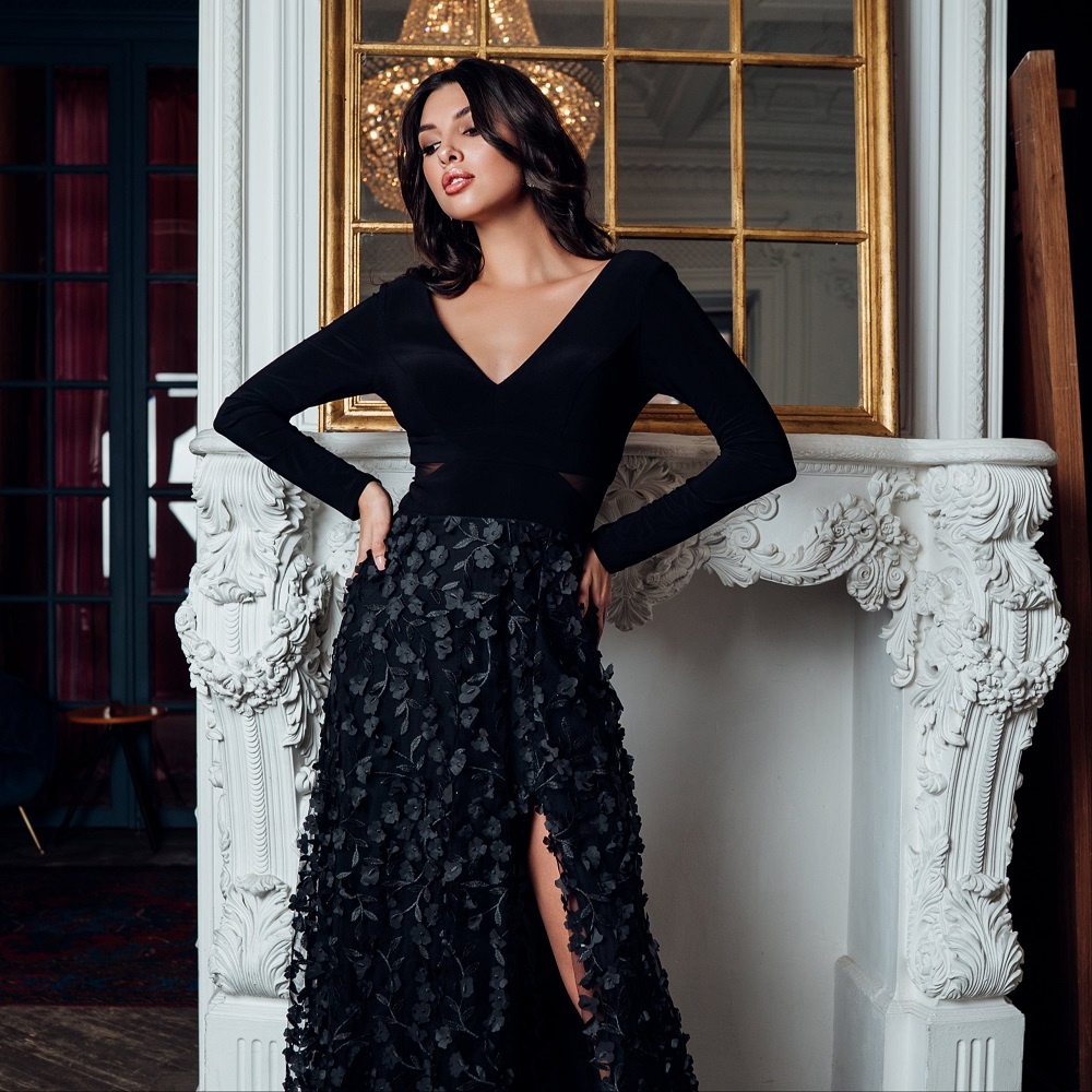 black formal dress with sleeves