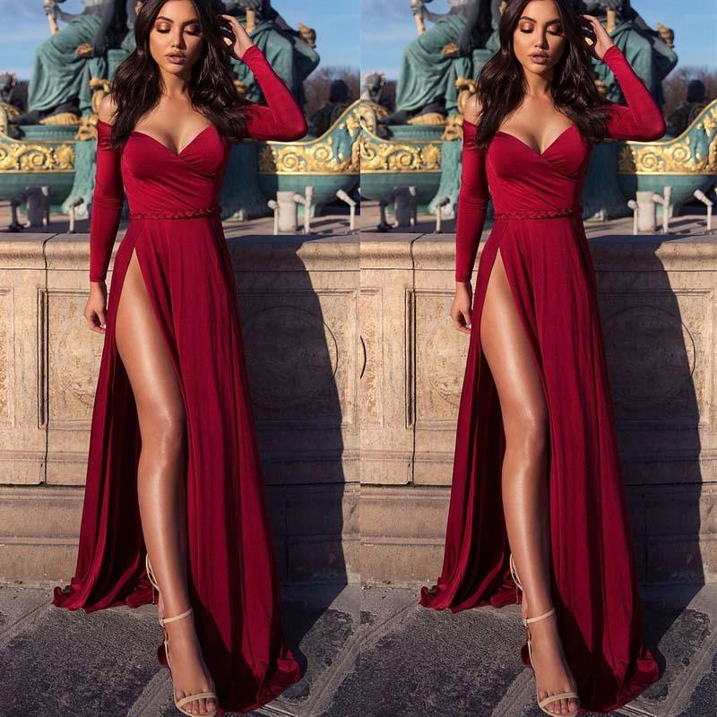 red formal dress with sleeves