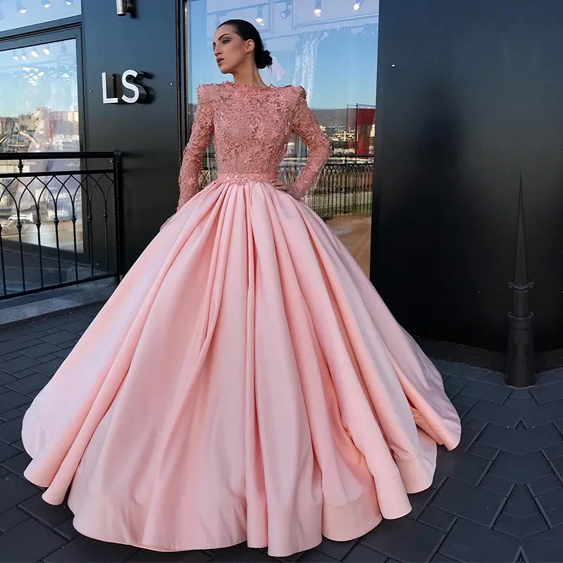pink formal dress with sleeves
