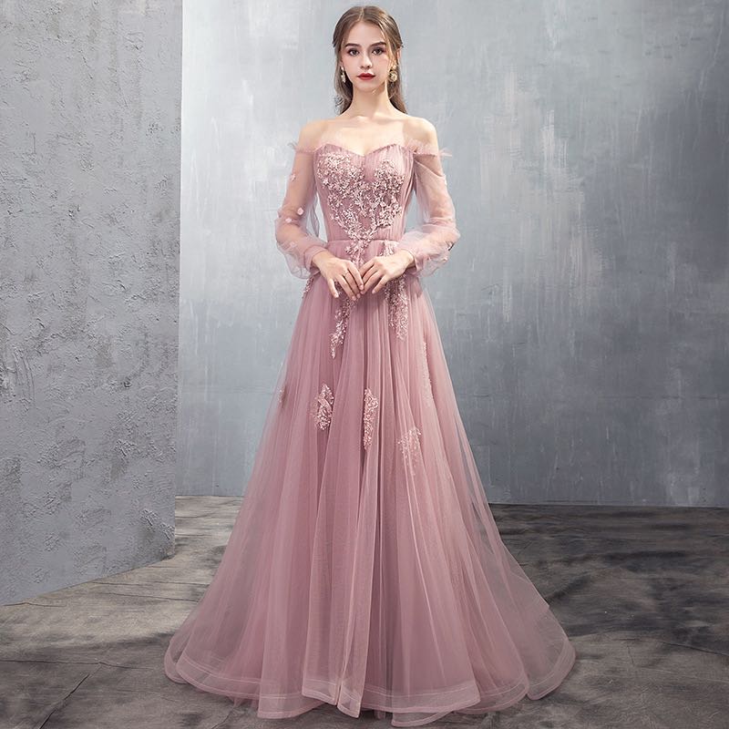 pink formal dress with sleeves