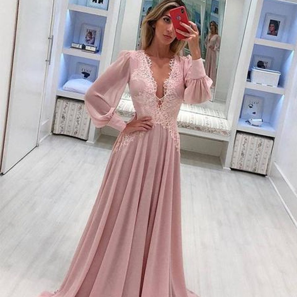 pink formal dress with sleeves