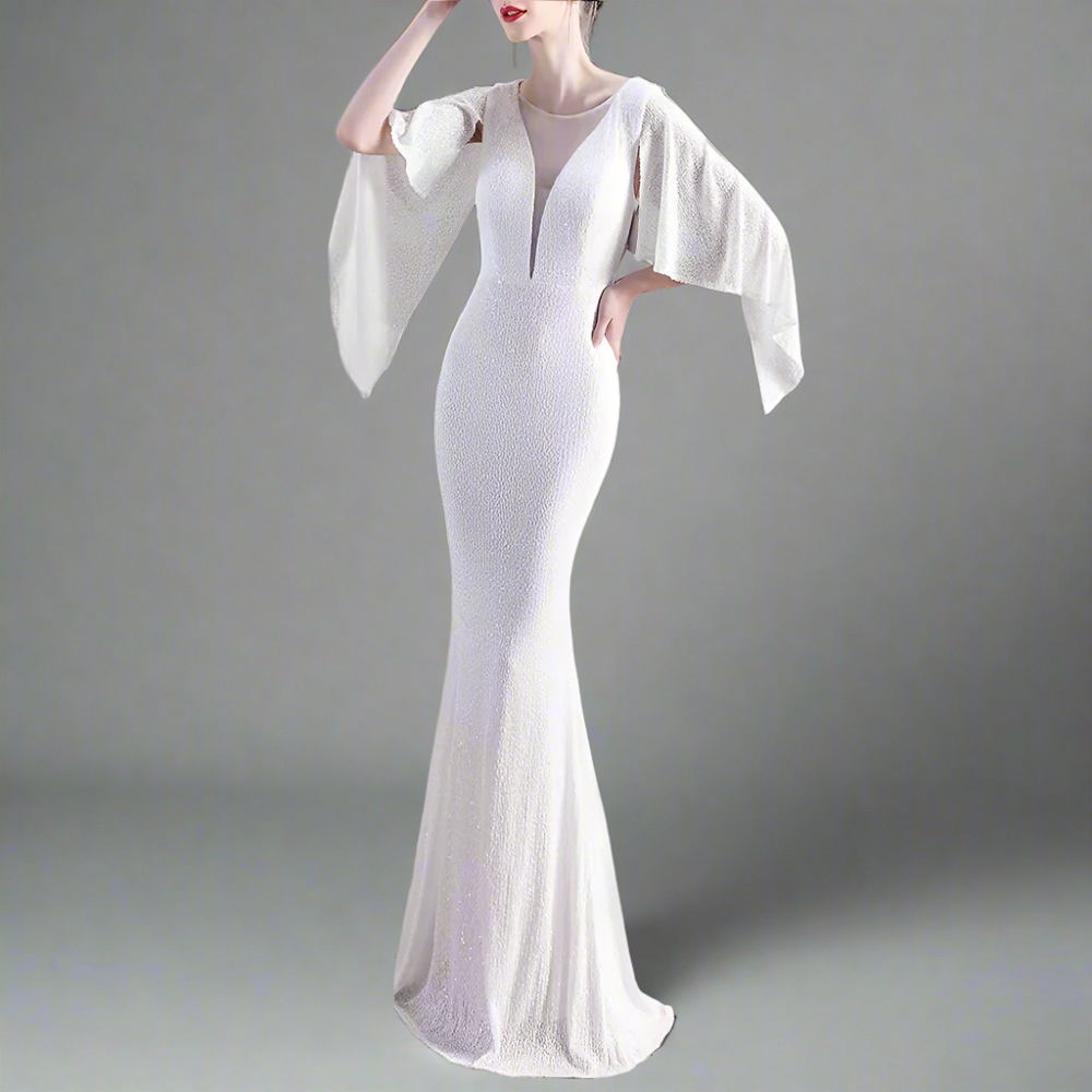 white formal dress with sleeves
