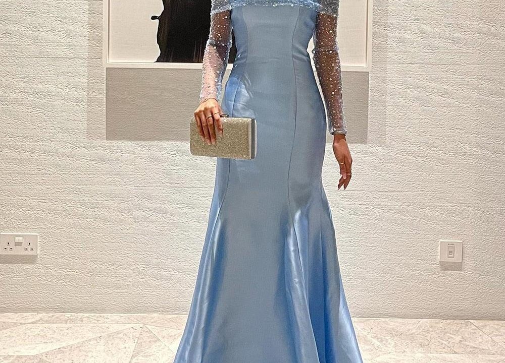 blue formal dress with sleeves