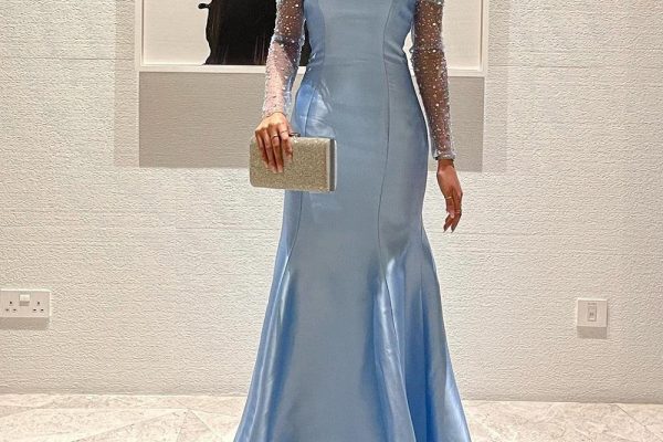 blue formal dress with sleeves