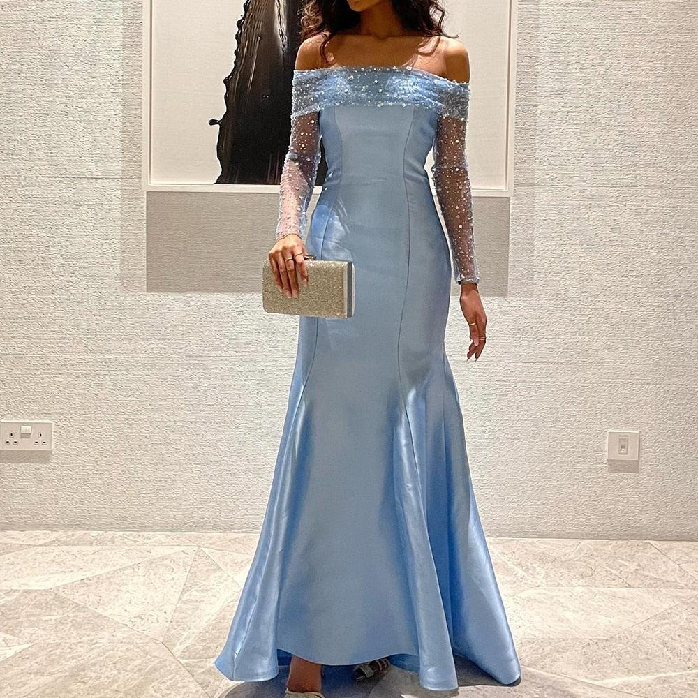 blue formal dress with sleeves