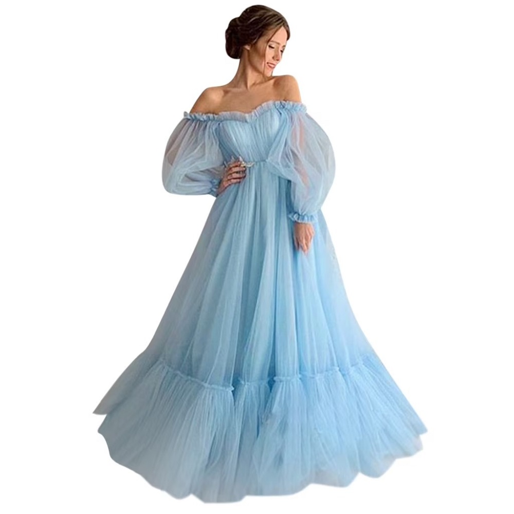 blue formal dress with sleeves