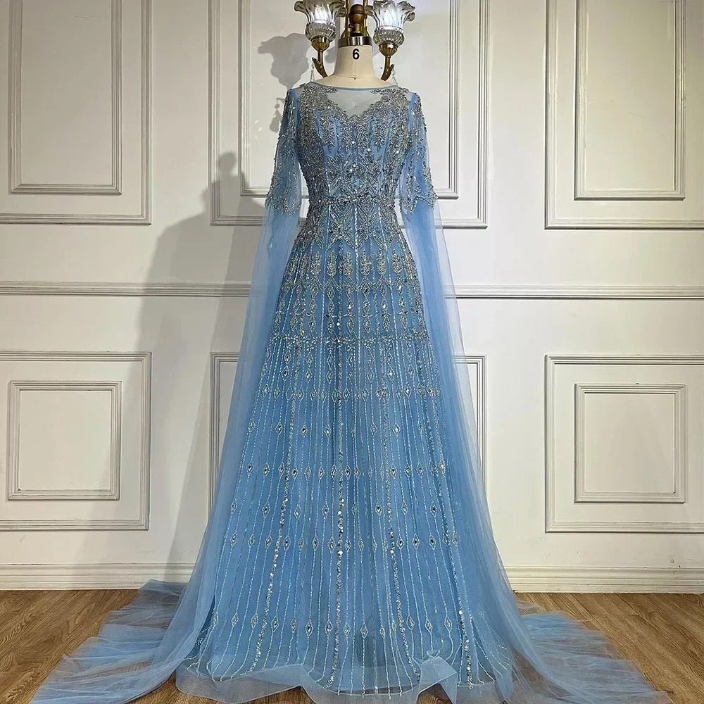 blue formal dress with sleeves