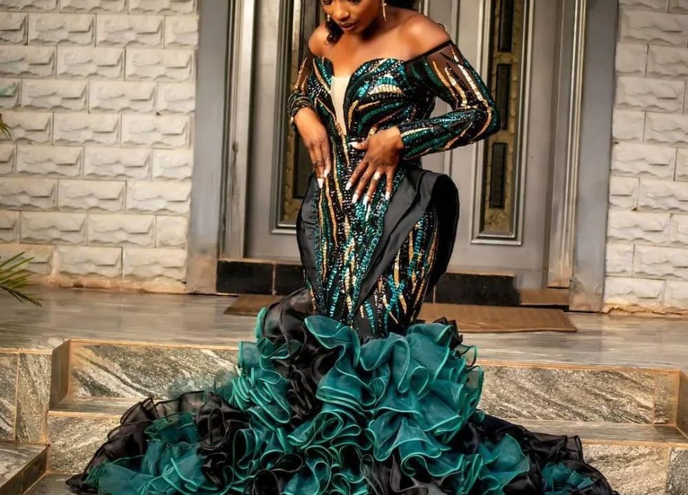 green formal dress with sleeves