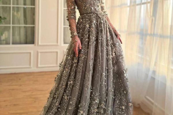 gray formal dress for wedding