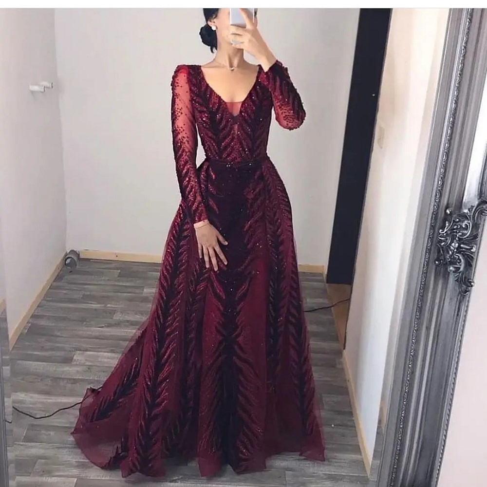 burgundy formal dress with sleeves